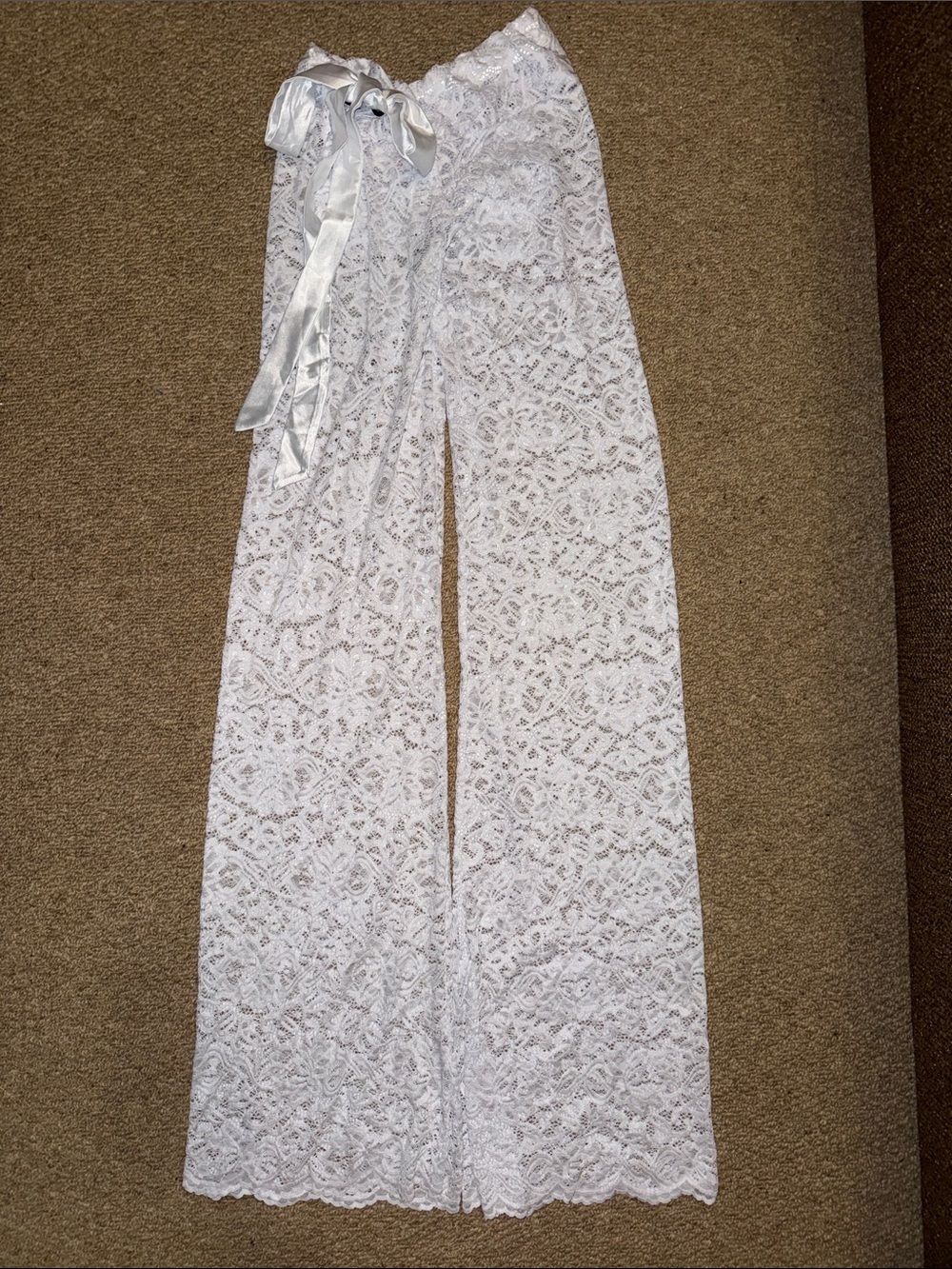 Lace Wide-Leg Sheer Pants with Satin Tie S